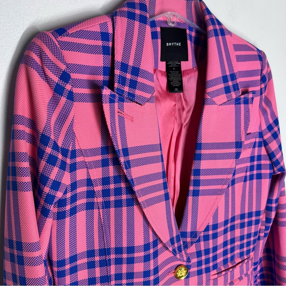 New Smythe Hutton Tailored Cotton Plaid Cutaway Blazer Carnation Pink Plaid Sz6 - Picture 8 of 9